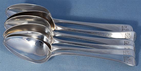 A set of six George III silver Old English pattern table spoons, Length 218 mm, weight 13.2oz/411 grms